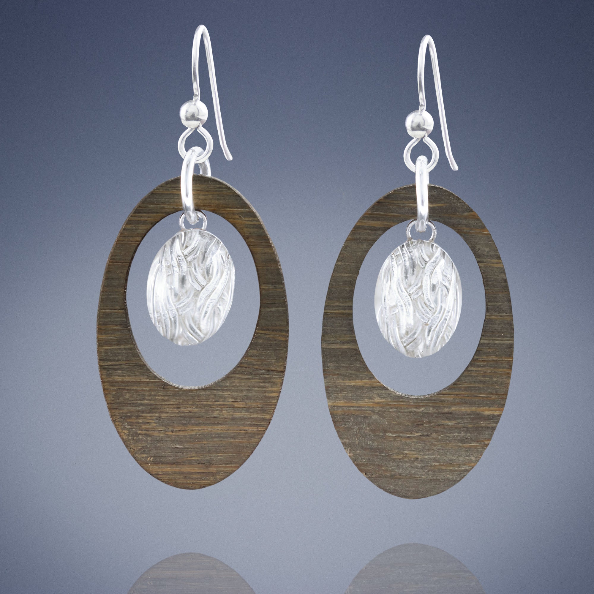 Oval Bamboo Hoop Drop Earrings with Sterling Silver and Glass