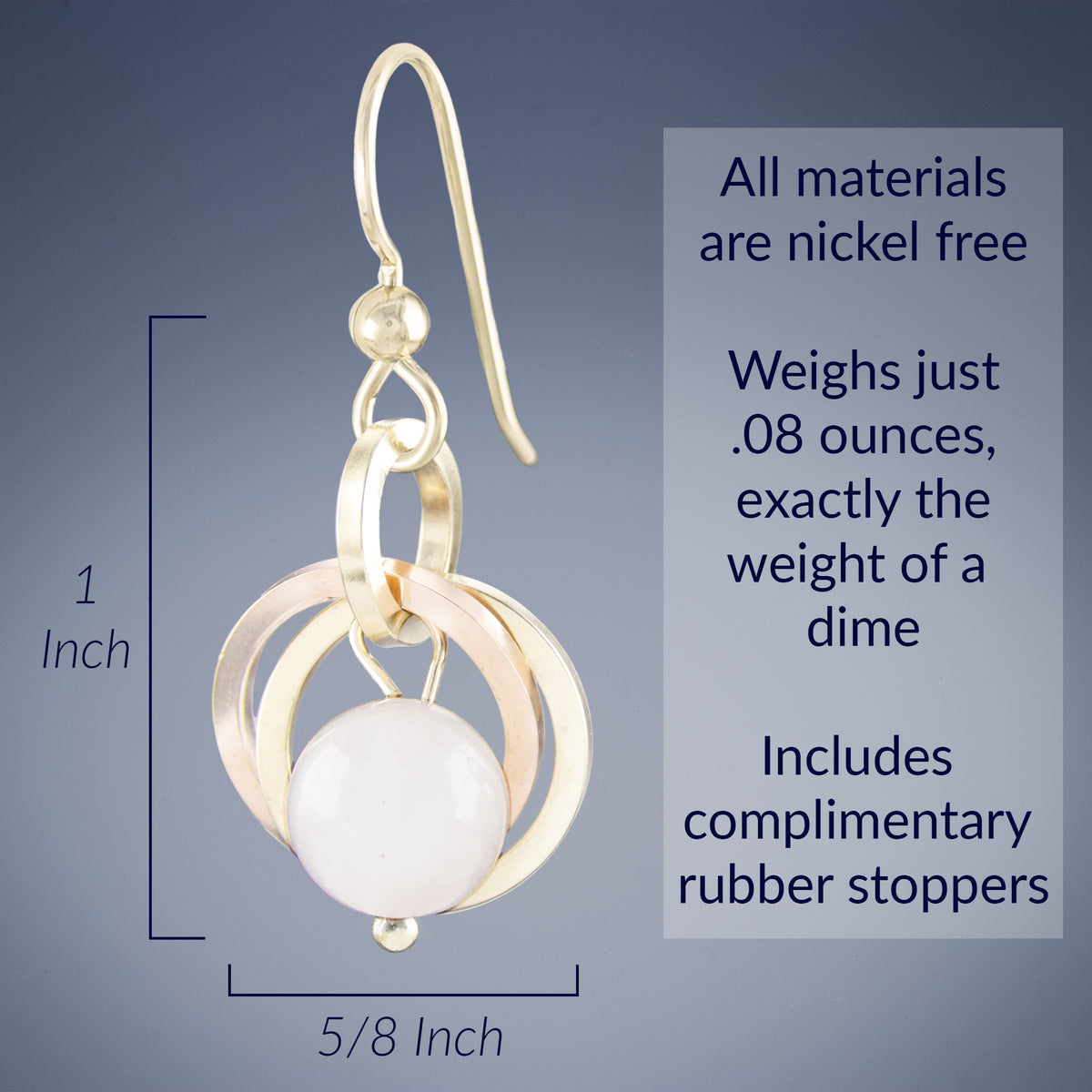 Light Pink Rose Quartz Gold Dangle Earrings - 14K Yellow & Rose Gold Fill