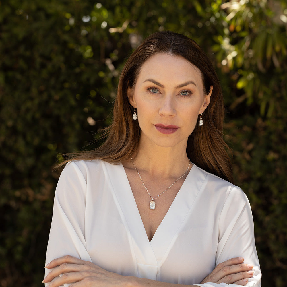 Handwoven Silver Rectangle Earrings with Glass Accent - Small
