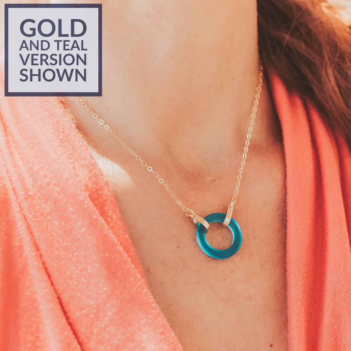 Light Baby Blue Recycled Glass Open Circle and 14K Gold Fill Strap Style Necklace