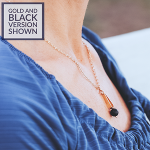 Matte Black Round Recycled Glass Ball and 14K Gold Fill Teardrop Shaped Pendant Necklace