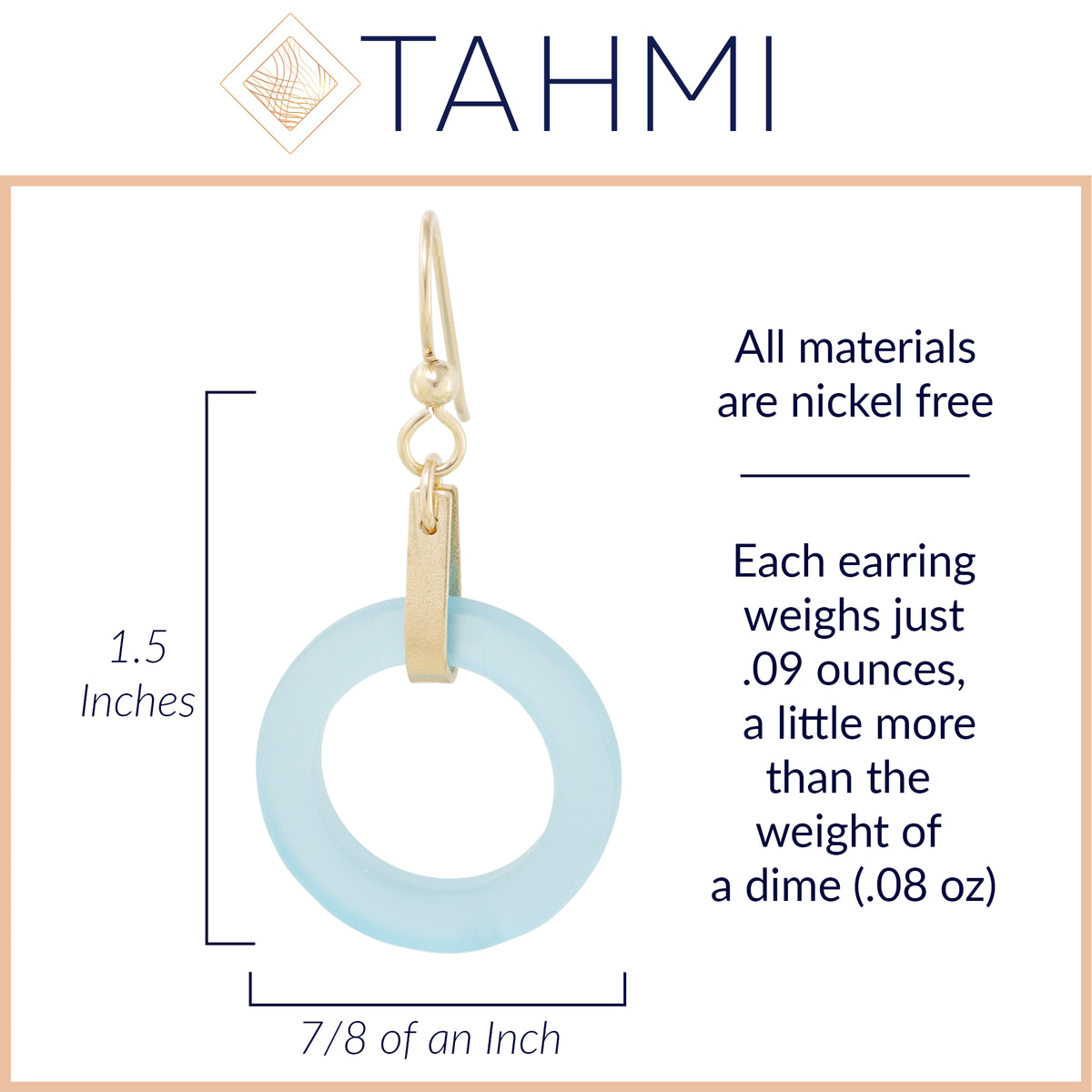 Light Baby Blue Round Recycled Glass Open Circle and 14K Gold Fill Strap Style Dangle Earrings