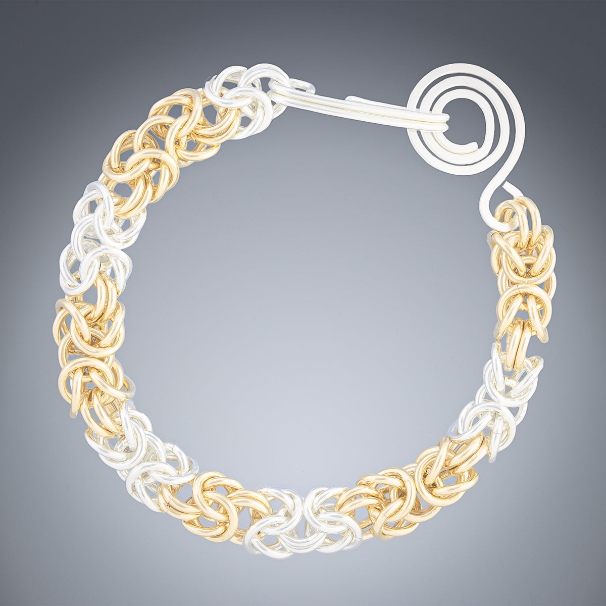 Handwoven Striped Two Tone Byzantine Bracelet in Sterling Silver & 14K Gold Fill