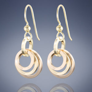Minimalist Concentric Circle Simple Dangle Earrings in 14K Yellow and Rose Gold Mix
