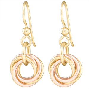 14K Yellow and Rose Gold Fill Dainty Round Love Knot Drop and Dangle Earrings
