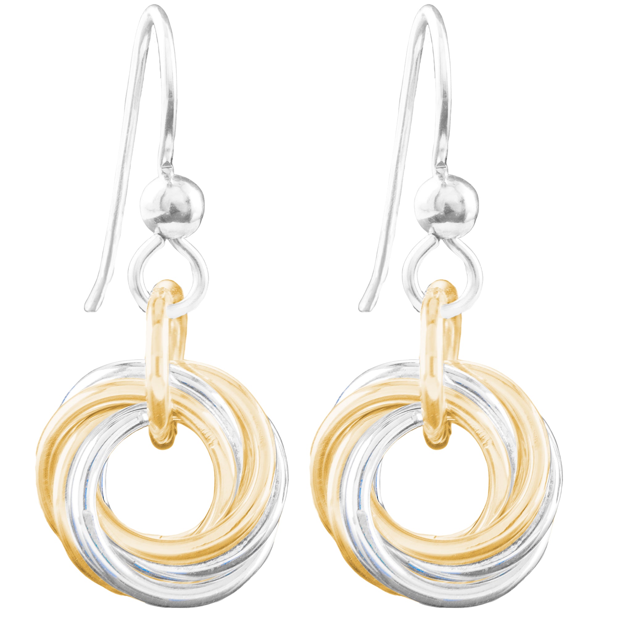 Two Tone Dainty Round Love Knot Dangle Earrings in Sterling Silver and 14K Yellow Gold Fill