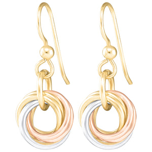 Tri Color Round Love Knot Dangle Earrings (Sterling Silver, 14K Yellow and Rose Gold Fill)