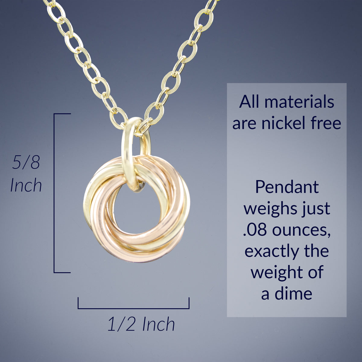 14K Yellow and Rose Gold Fill Dainty Round Love Knot Pendant Necklace in 18" or 20" Lengths