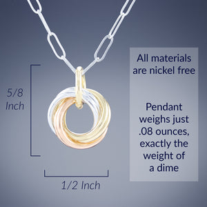 Tri Color Dainty Love Knot Pendant Necklace in Sterling Silver and 14K Yellow and Rose Gold Fill)