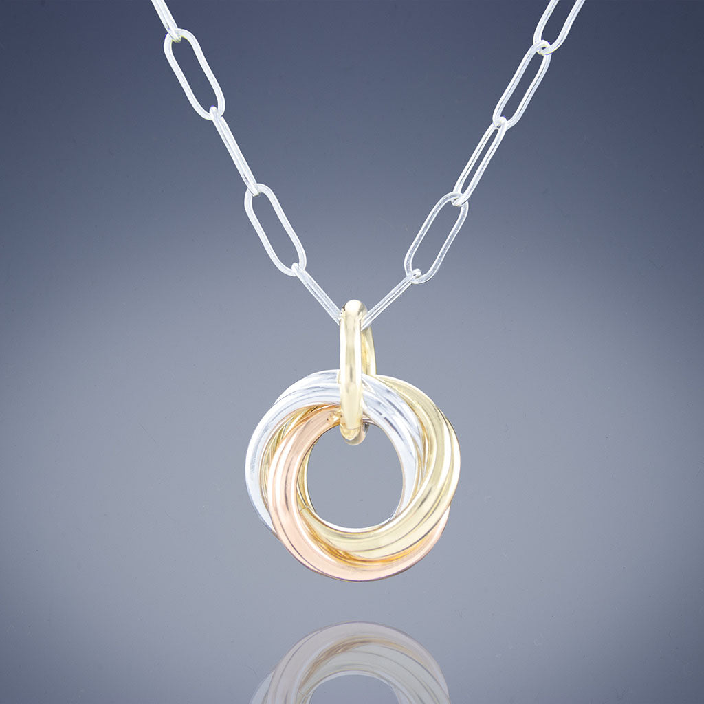 Tri Color Dainty Love Knot Pendant Necklace in Sterling Silver and 14K Yellow and Rose Gold Fill)