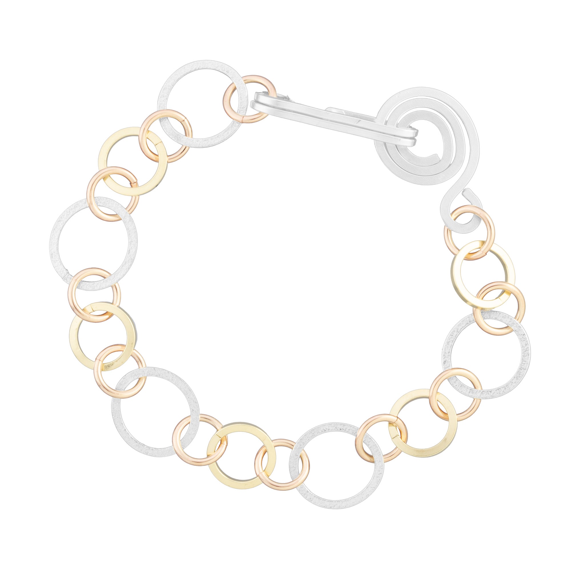 Handcrafted Tri Color Open Link Chain Bracelet in Sterling Silver and 14K Yellow and Rose Gold Fill