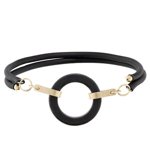 Matte Black Recycled Glass Open Circle and 14K Gold Fill Strap Style Wrap Bracelet