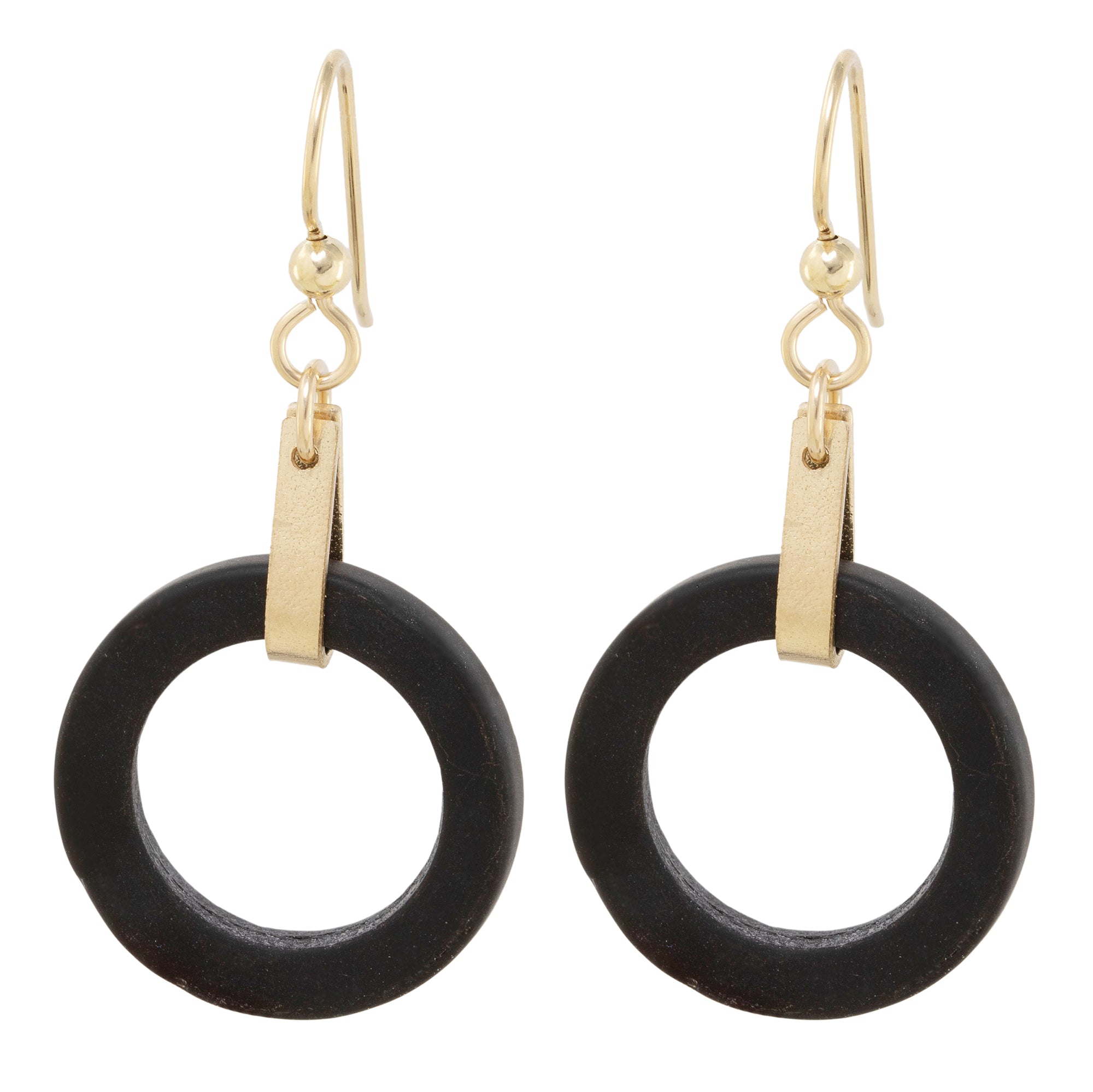 Matte Black Round Recycled Glass Open Circle and 14K Gold Fill Strap Style Dangle Earrings