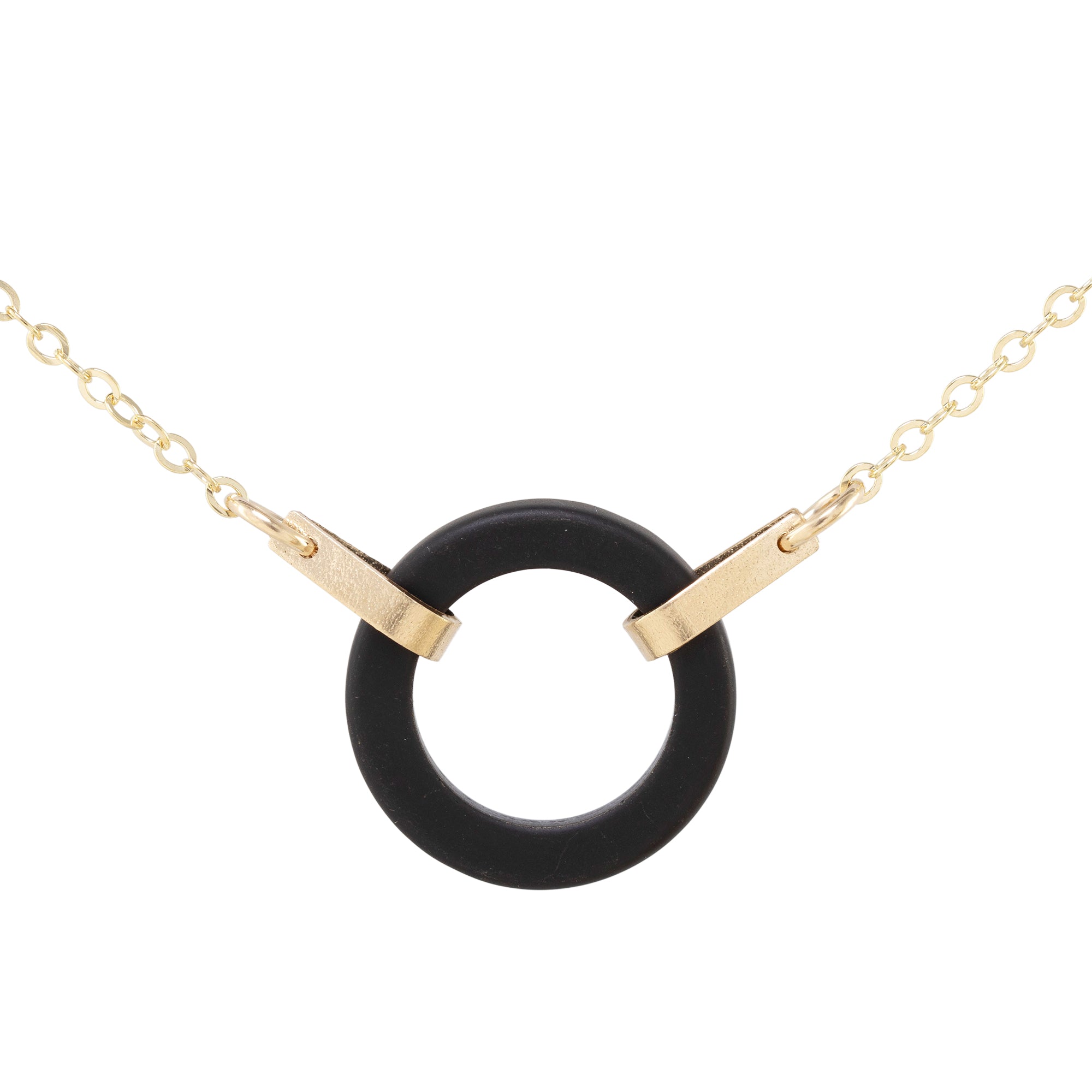 Matte Black Recycled Glass Open Circle and 14K Gold Fill Strap Style Necklace