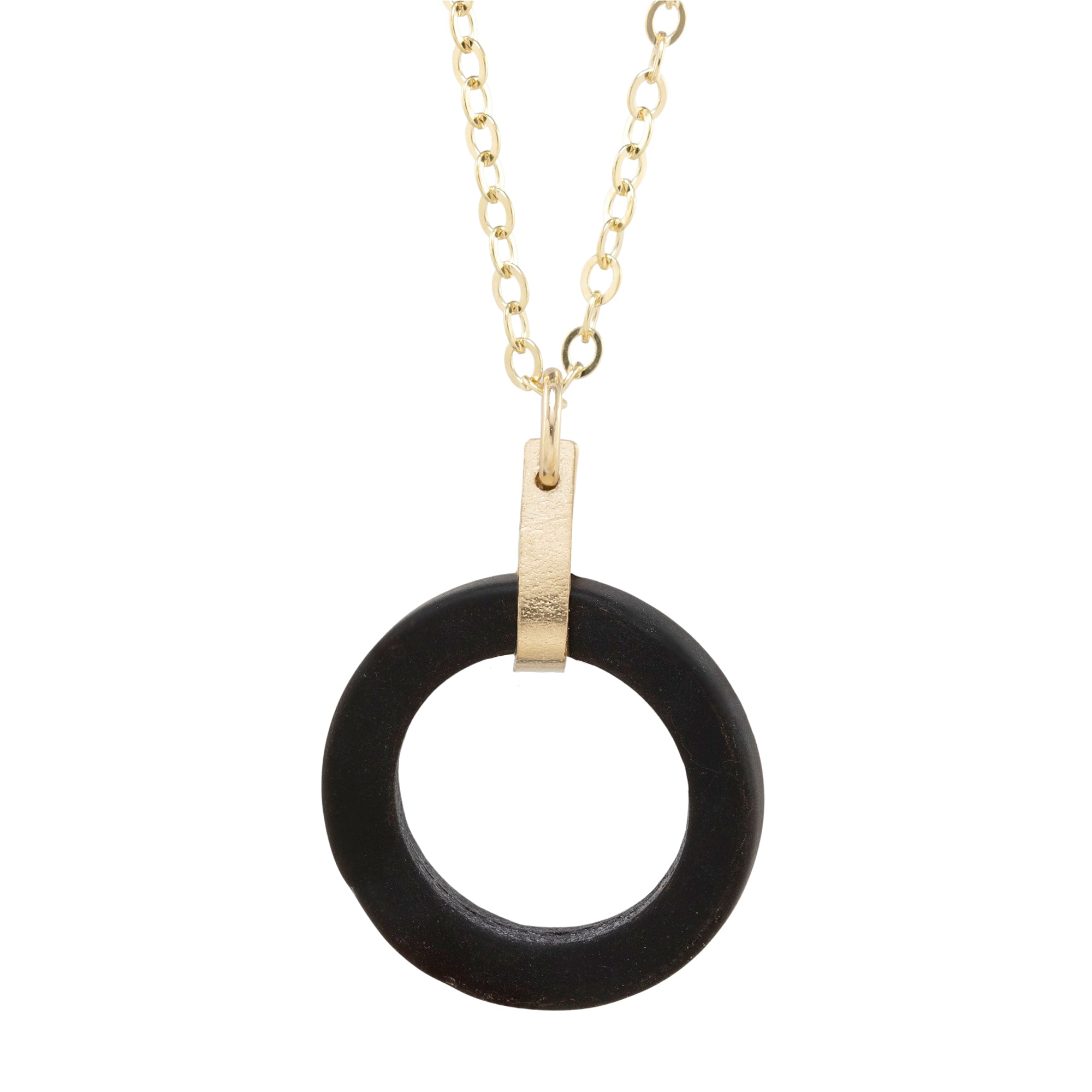 Matte Black Round Recycled Glass Open Circle and 14K Gold Fill Strap Style Pendant Necklace
