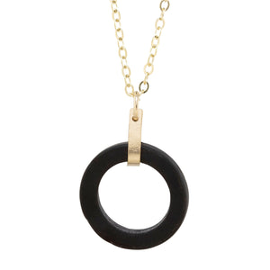 Matte Black Round Recycled Glass Open Circle and 14K Gold Fill Strap Style Pendant Necklace