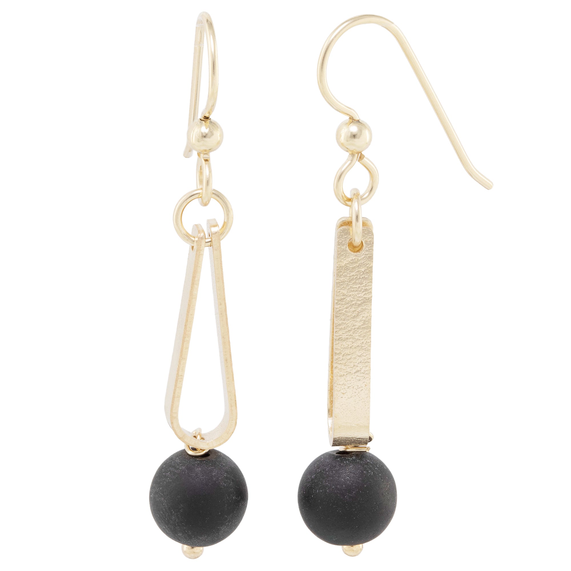 Matte Black Round Recycled Glass Ball and 14K Gold Fill Teardrop Shaped Dangle Earrings
