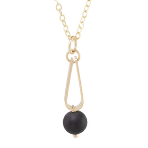 Matte Black Round Recycled Glass Ball and 14K Gold Fill Teardrop Shaped Pendant Necklace