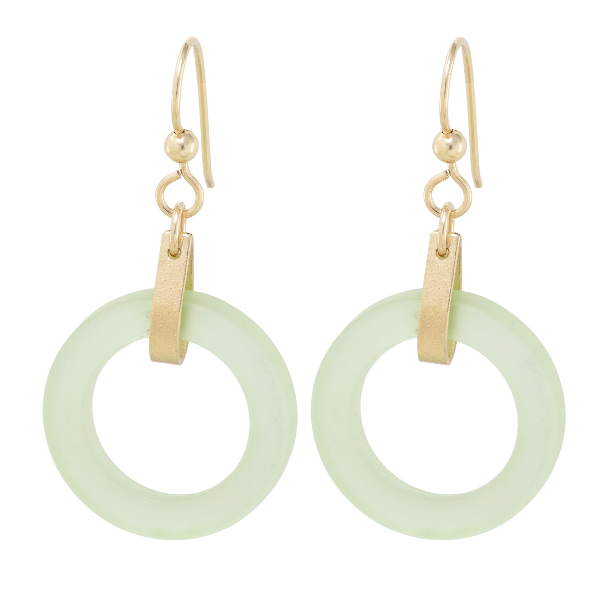 Light Pastel Sage Green Round Recycled Glass Open Circle and 14K Gold Fill Strap Style Dangle Earrings