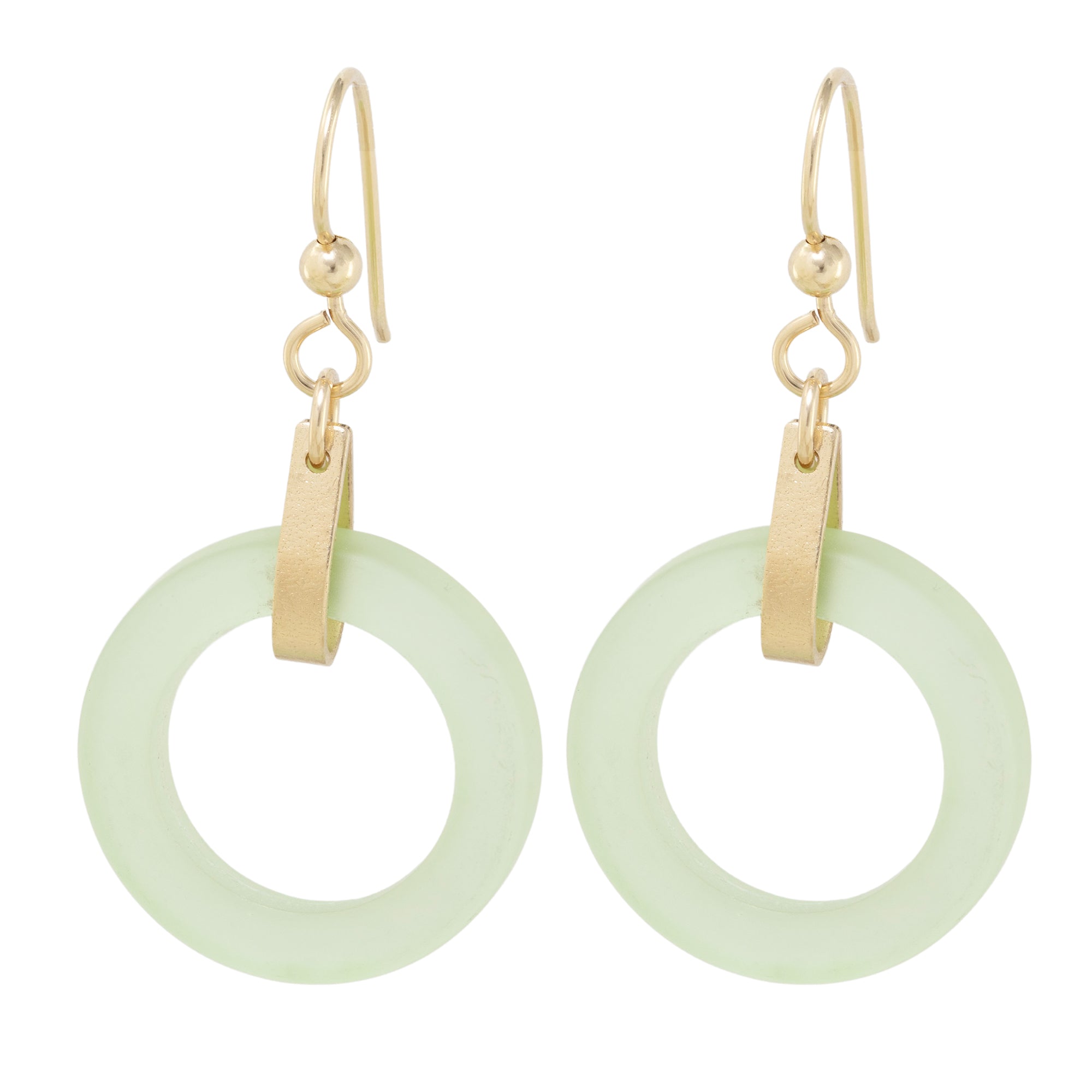 Light Pastel Sage Green Round Recycled Glass Open Circle and 14K Gold Fill Strap Style Dangle Earrings French Wire Light Pastel Sage Green Round Recycled Glass Open Circle and 14K Gold Fill Strap Style Dangle Earrings French Wire
