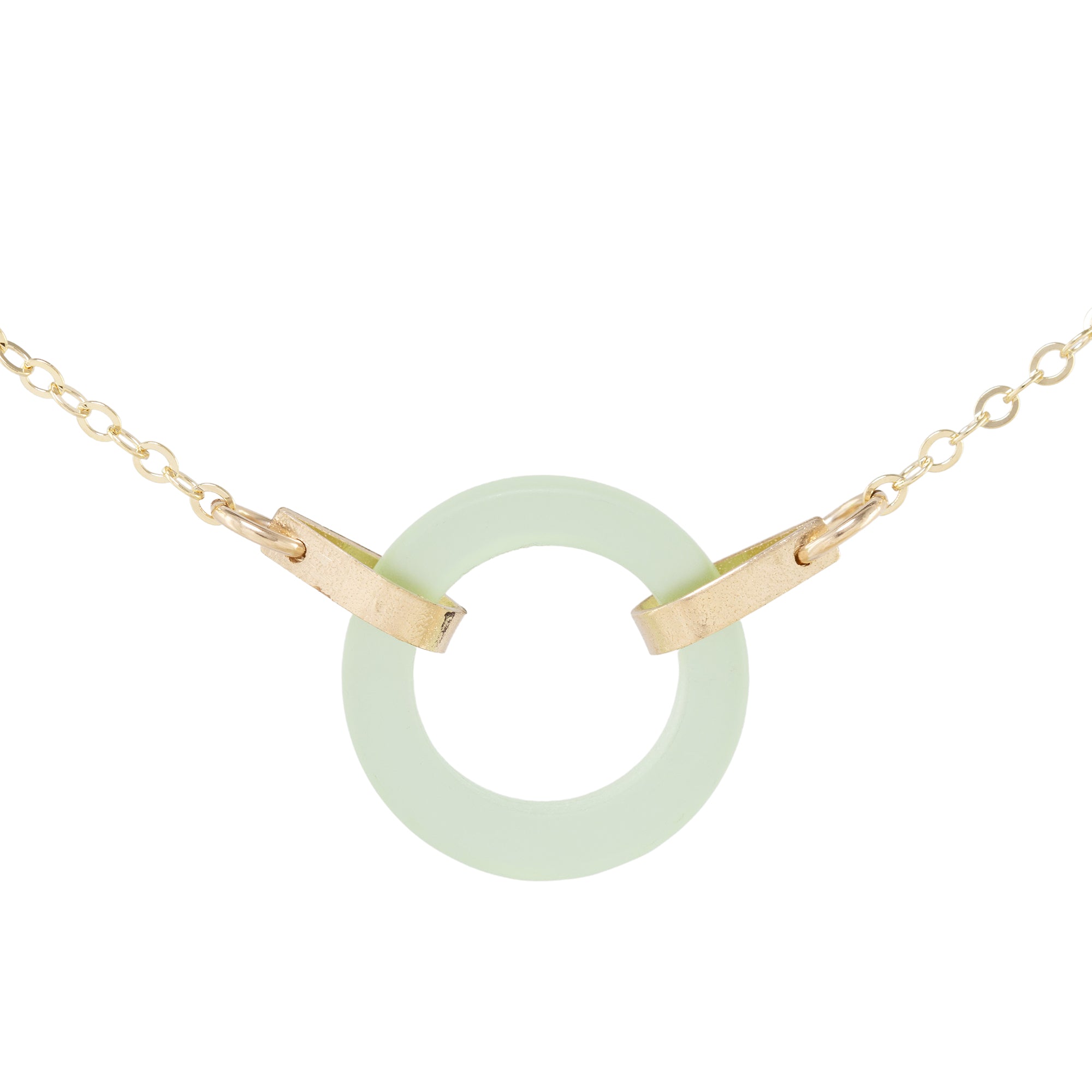 Light Pastel Sage Green Recycled Glass Open Circle and 14K Gold Fill Strap Style Necklace