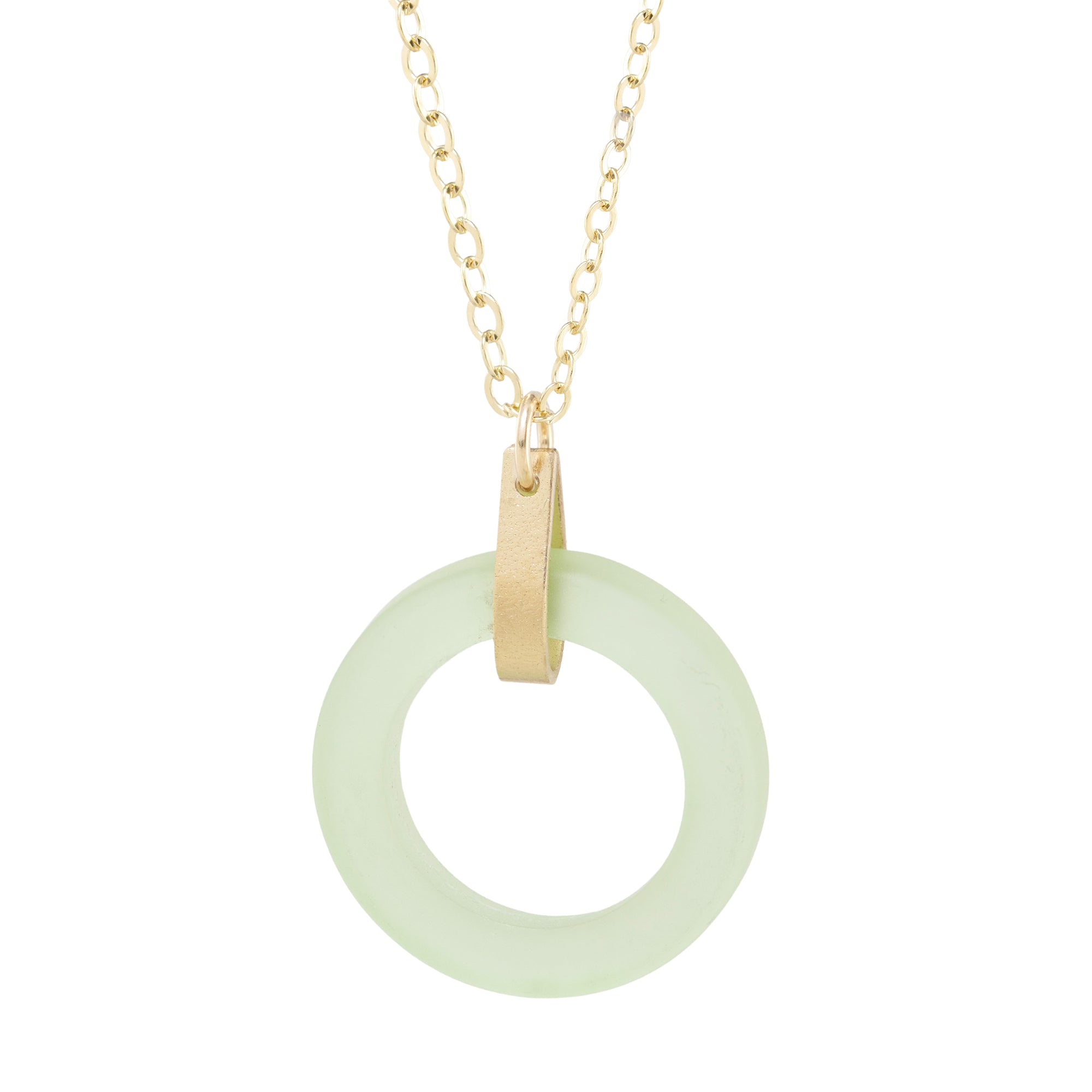 Light Pastel Sage Green Round Recycled Glass Open Circle and 14K Gold Fill Strap Style Pendant Necklace