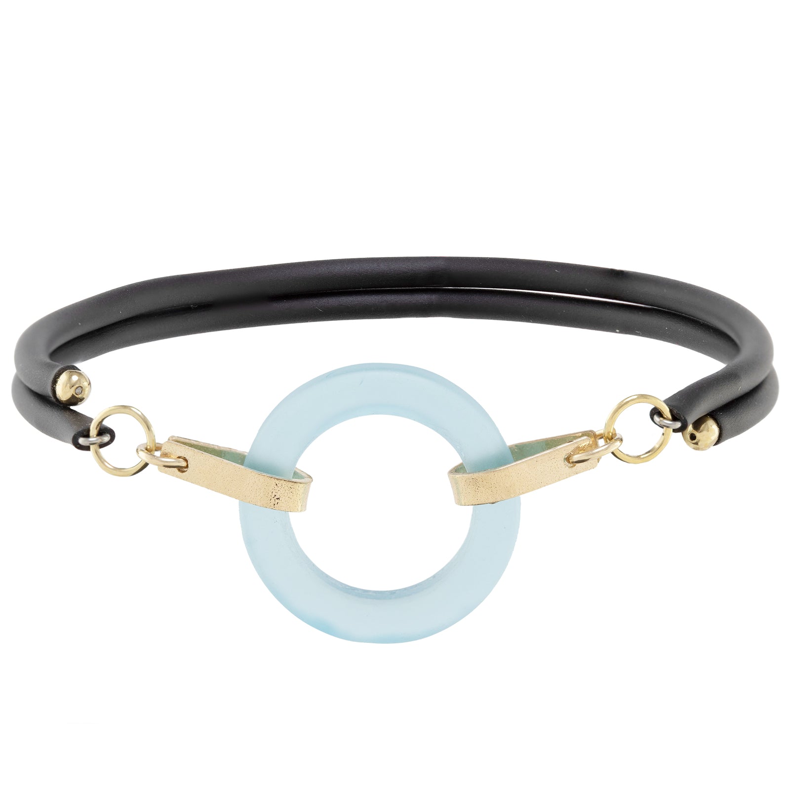Light Baby Blue Recycled Glass Open Circle and 14K Gold Fill Strap Style Wrap Bracelet