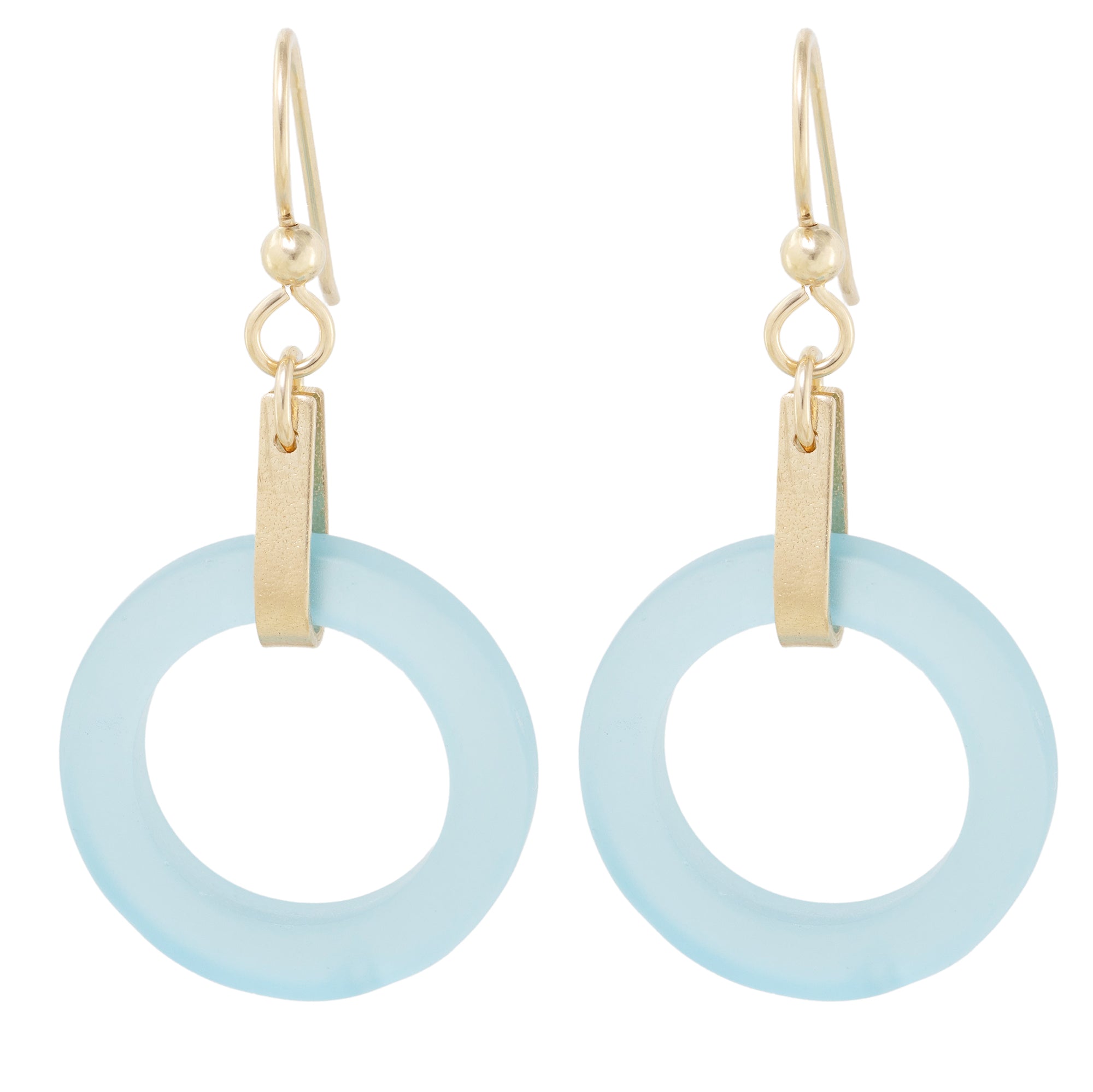 Light Baby Blue Round Recycled Glass Open Circle and 14K Gold Fill Strap Style Dangle Earrings