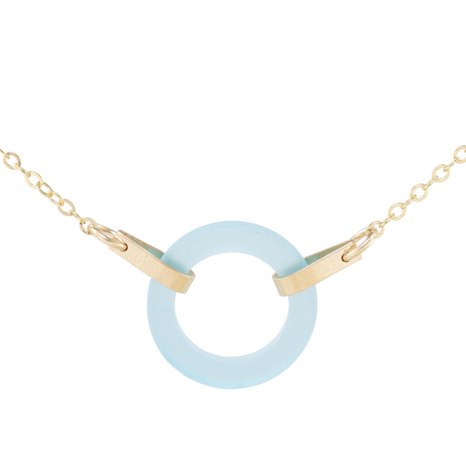 Light Baby Blue Recycled Glass Open Circle and 14K Gold Fill Strap Style Necklace