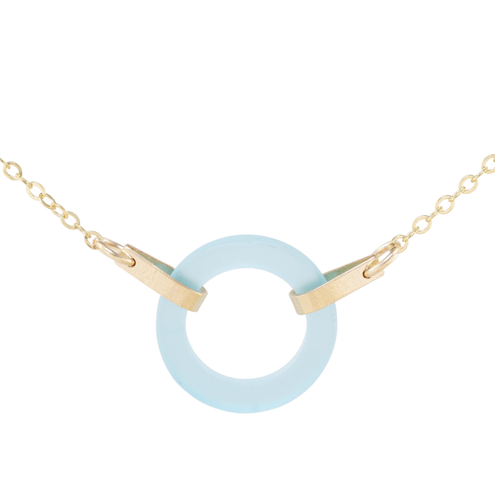 Light Baby Blue Recycled Glass Open Circle and 14K Gold Fill Strap Style Necklace