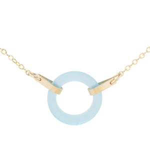 Light Baby Blue Recycled Glass Open Circle and 14K Gold Fill Strap Style Necklace