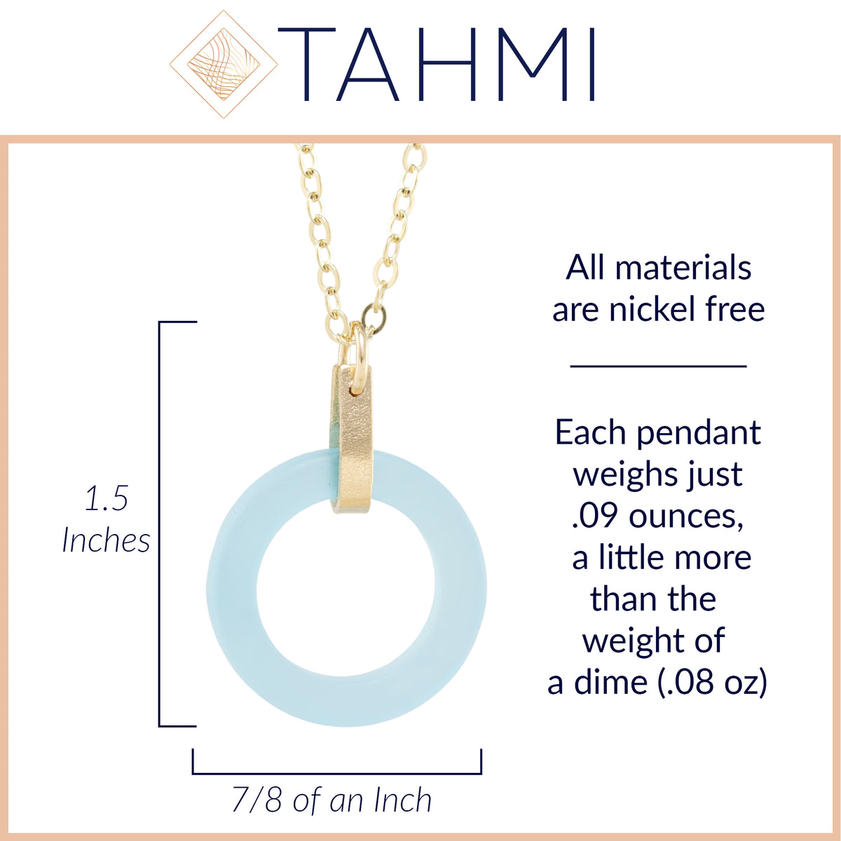 Light Baby Blue Round Recycled Glass Open Circle and 14K Gold Fill Strap Style Pendant Necklace