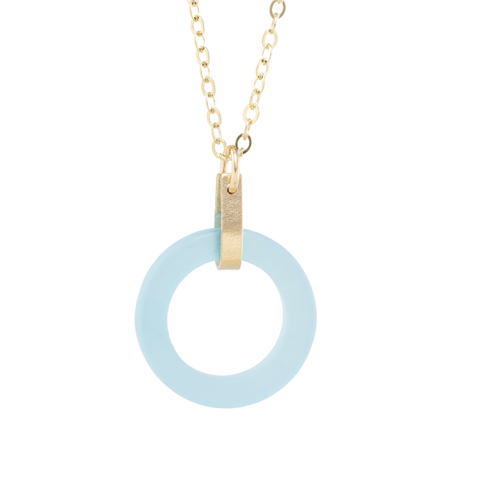 Light Baby Blue Round Recycled Glass Open Circle and 14K Gold Fill Strap Style Pendant Necklace