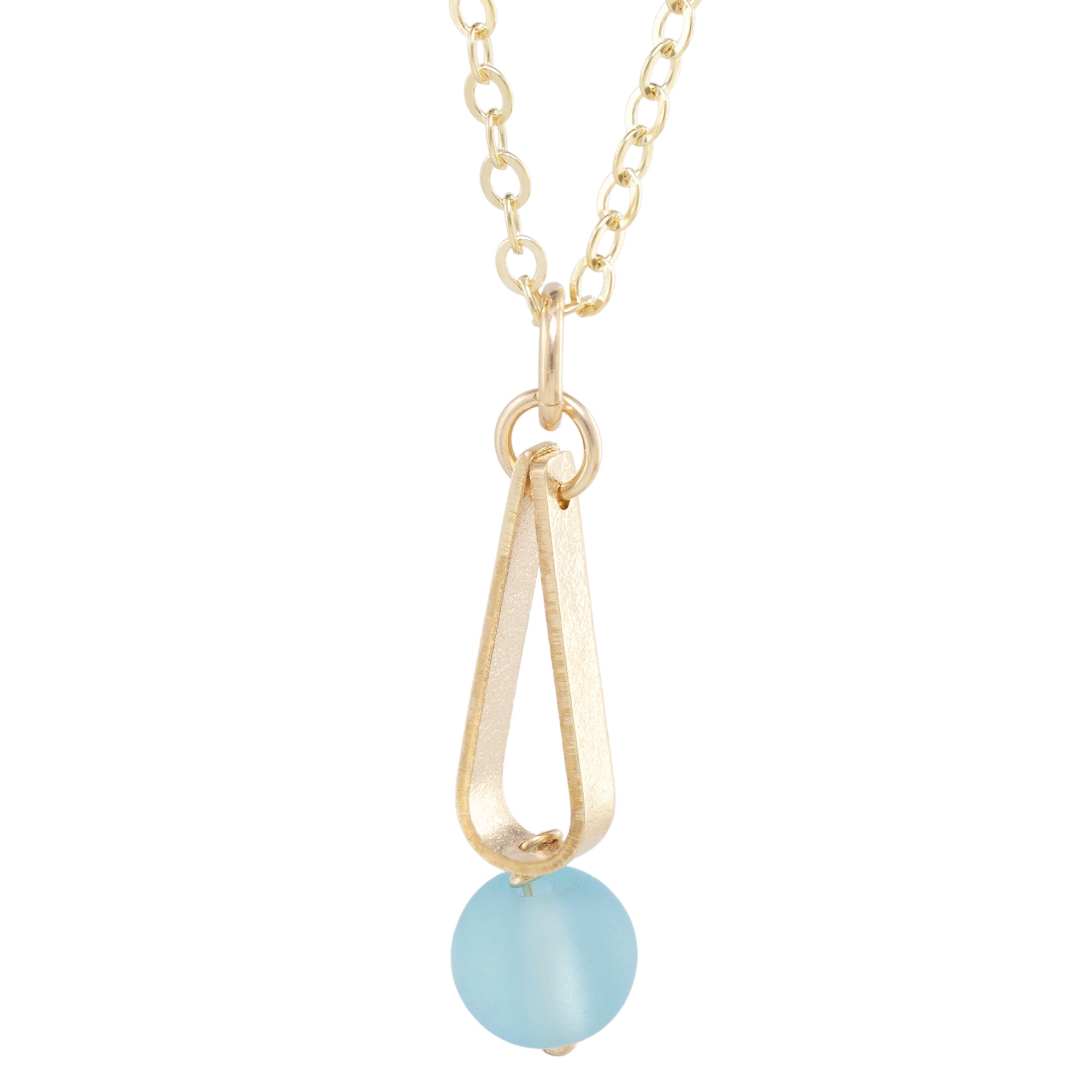 Light Baby Blue Round Recycled Glass Ball and 14K Gold Fill Teardrop Shaped Pendant Necklace