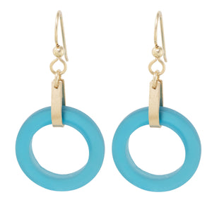 Teal Peacock Blue Round Recycled Glass Open Circle and 14K Gold Fill Strap Style Dangle Earrings