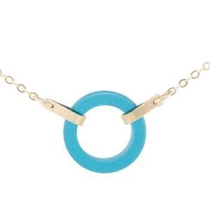 Teal Peacock Blue Recycled Glass Open Circle and 14K Gold Fill Strap Style Necklace
