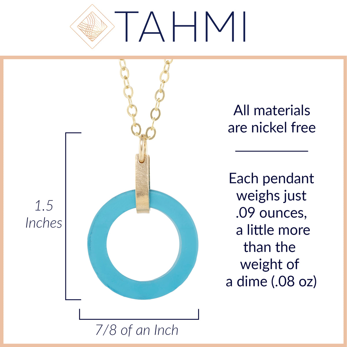 Teal Peacock Blue Round Recycled Glass Open Circle and 14K Gold Fill Strap Style Pendant Necklace