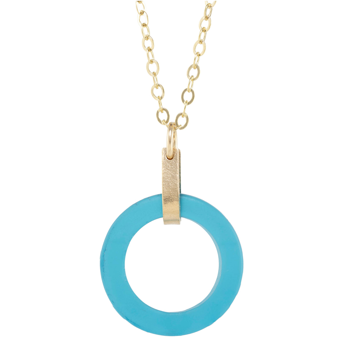 Teal Peacock Blue Round Recycled Glass Open Circle and 14K Gold Fill Strap Style Pendant Necklace