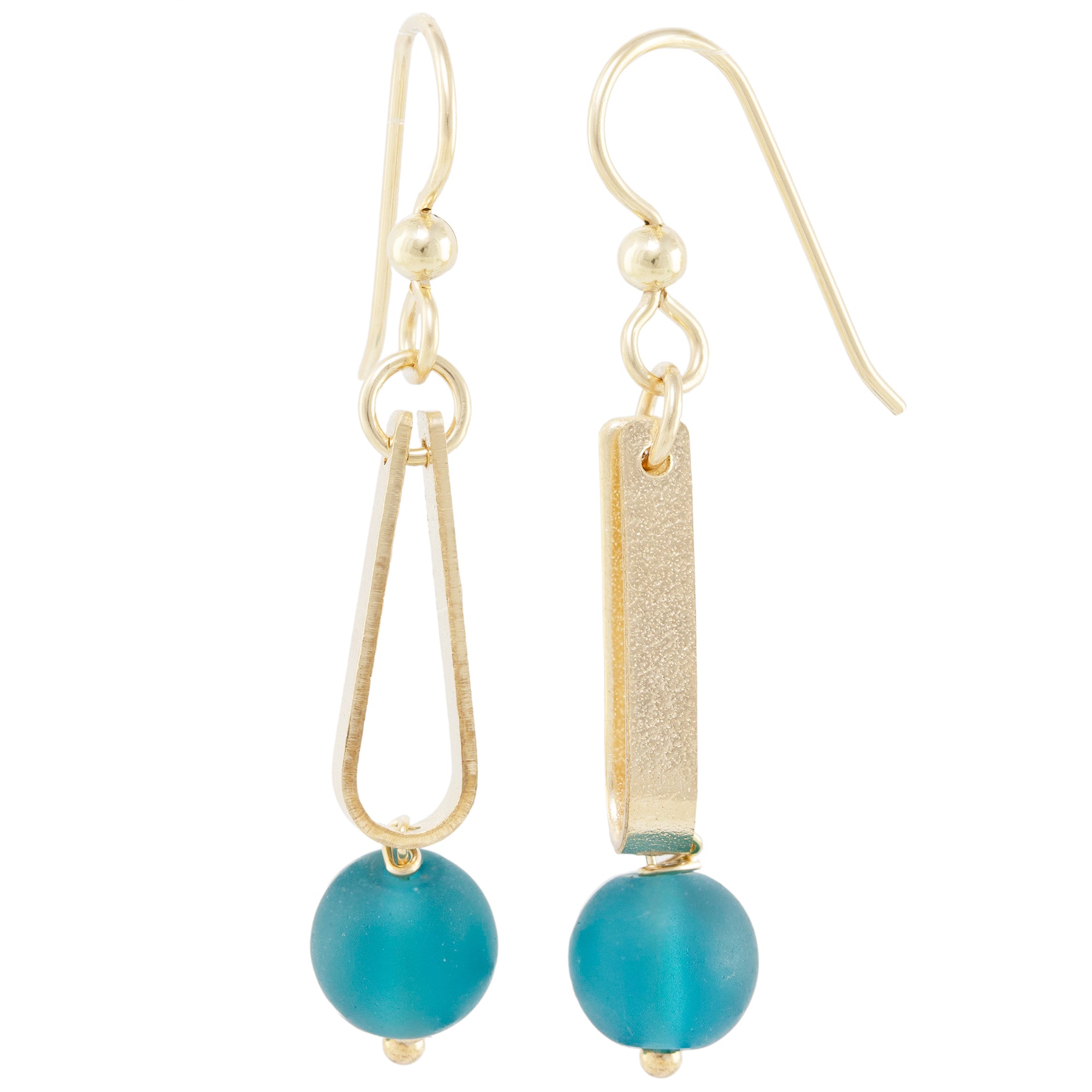 Teal Peacock Blue Round Recycled Glass Ball and 14K Gold Fill Teardrop Shaped Dangle Earrings
