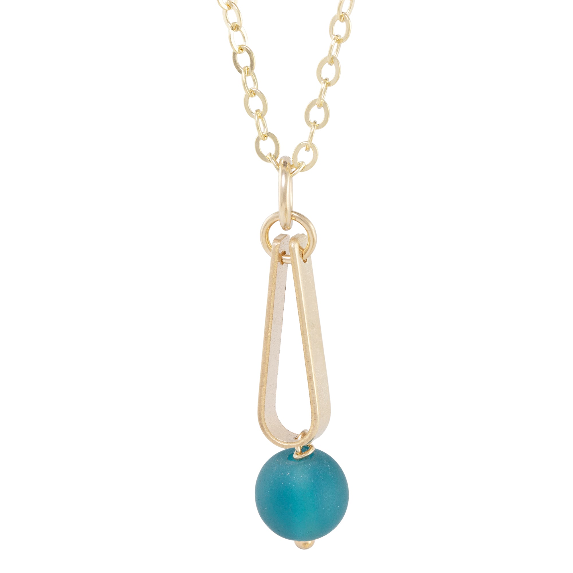 Teal Peacock Blue Round Recycled Glass Ball and 14K Gold Fill Teardrop Shaped Pendant Necklace