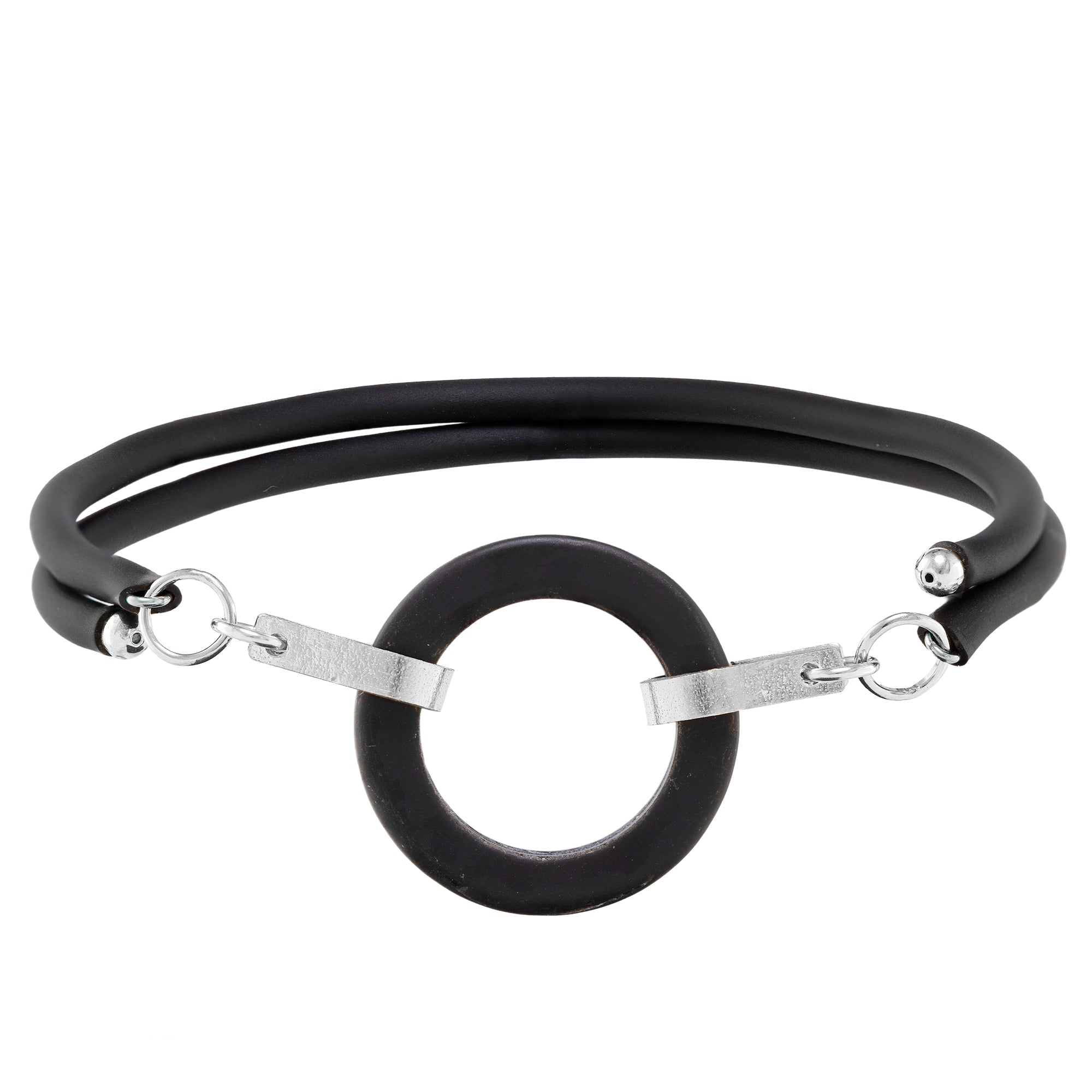 Matte Black Recycled Glass Open Circle and Sterling Silver Strap Style Wrap Bracelet