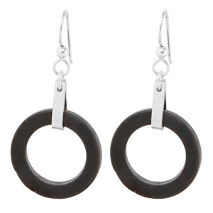 Matte Black Round Recycled Glass Open Circle and Sterling Silver Strap Style Dangle Earrings