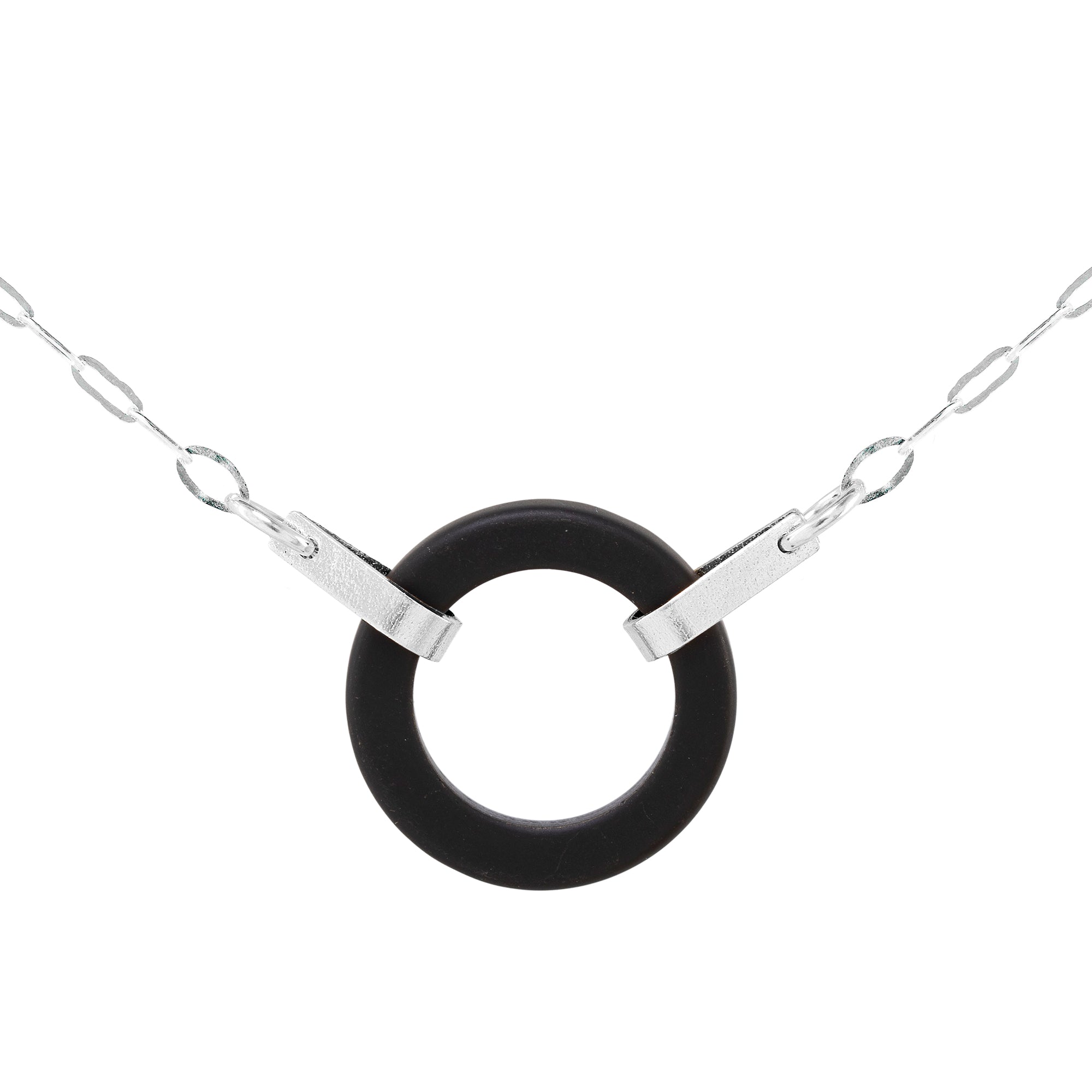 Matte Black Recycled Glass Open Circle and Sterling Silver Strap Style Necklace