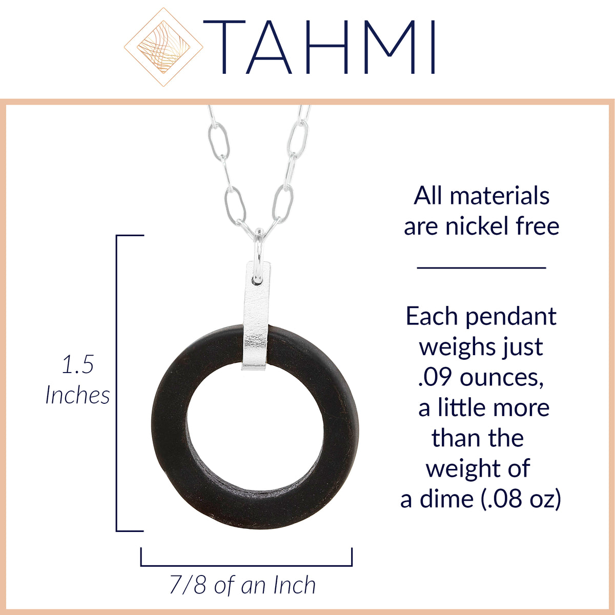 Matte Black Round Recycled Glass Open Circle and Sterling Silver Strap Style Pendant Necklace