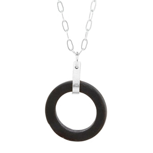 Matte Black Round Recycled Glass Open Circle and Sterling Silver Strap Style Pendant Necklace