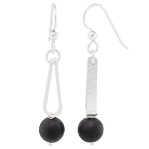 Matte Black Round Recycled Glass Ball and Sterling Silver Teardrop Shaped Dangle Earrings