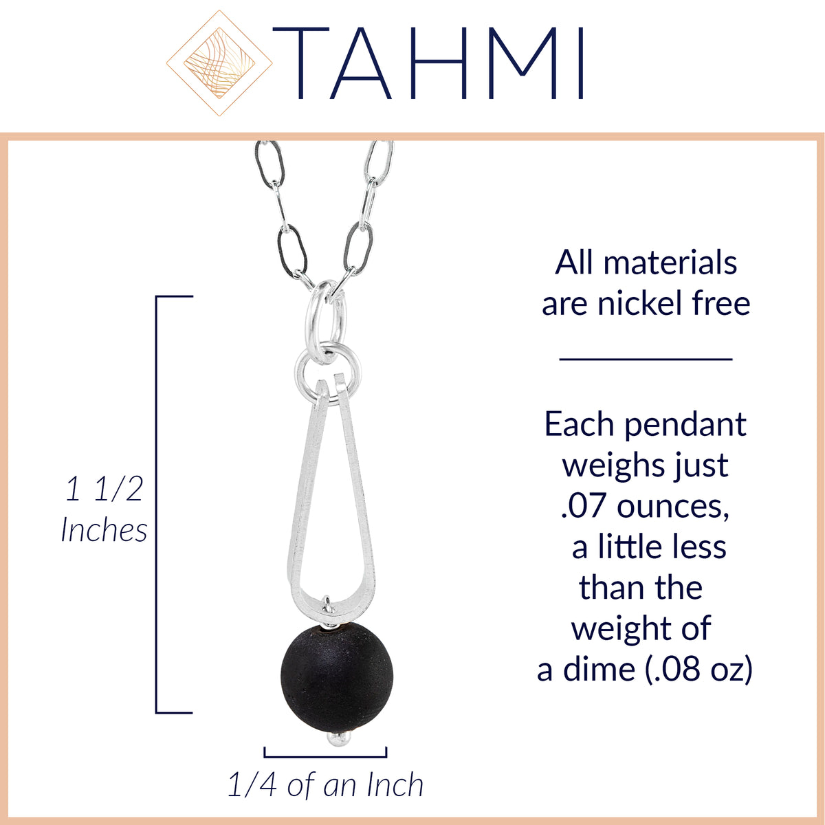 Matte Black Round Recycled Glass Ball and Sterling Silver Teardrop Shaped Pendant Necklace