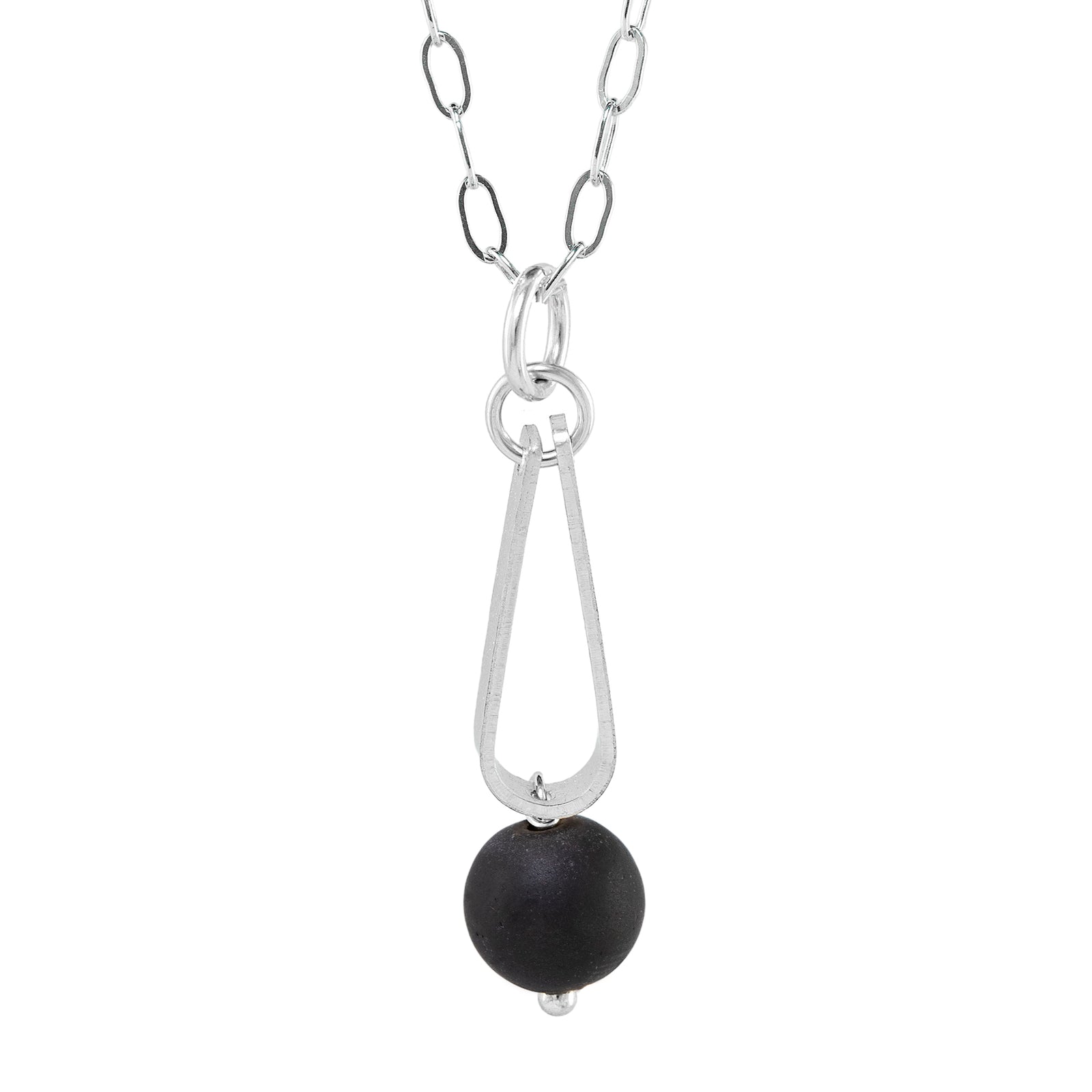 Matte Black Round Recycled Glass Ball and Sterling Silver Teardrop Shaped Pendant Necklace