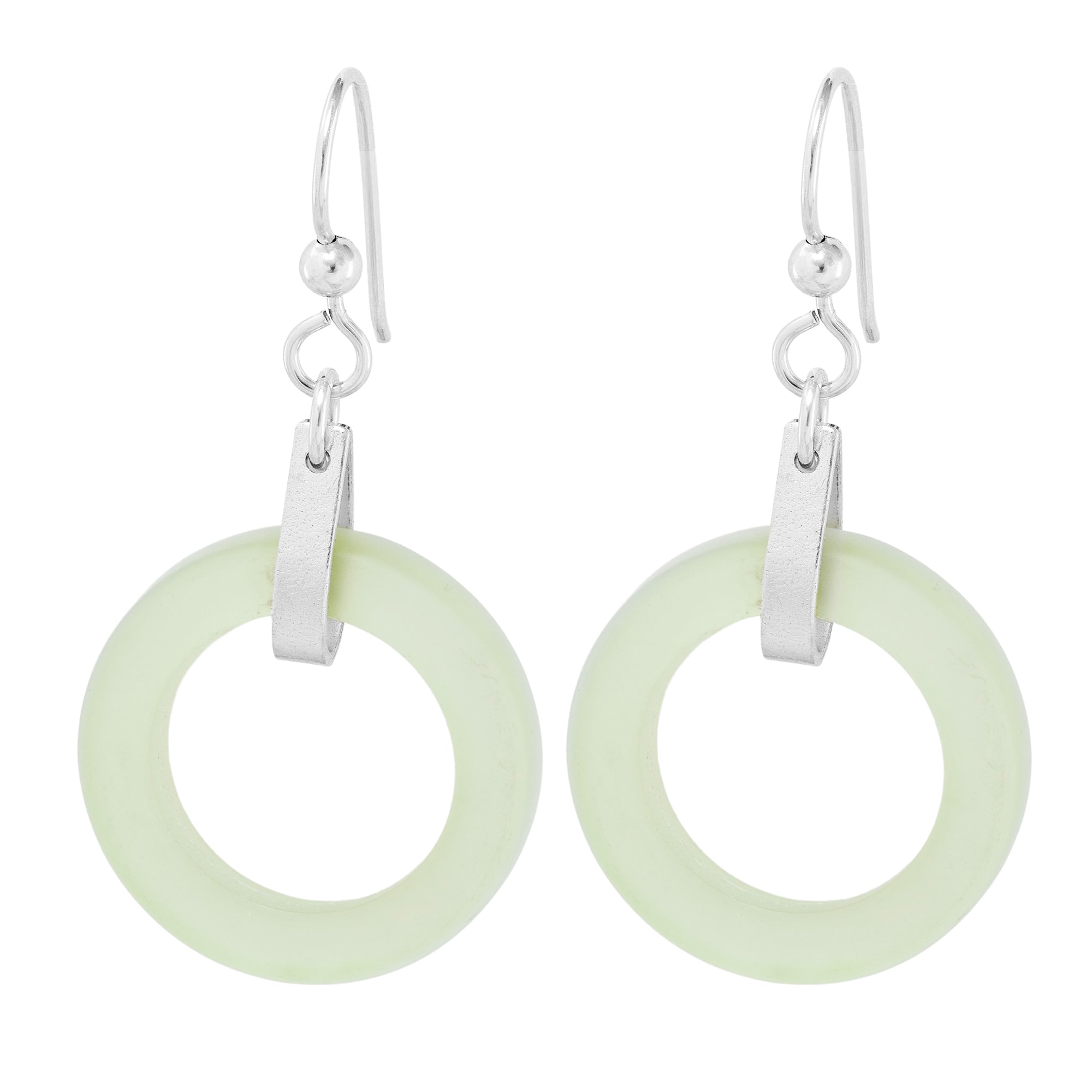 Light Pastel Sage Green Round Recycled Glass Open Circle and Sterling Silver Strap Style Dangle Earrings