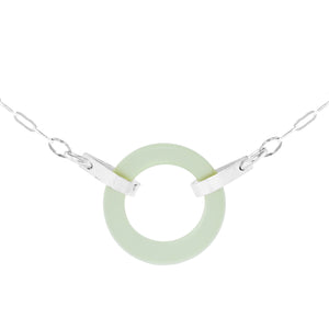 Light Pastel Sage Green Recycled Glass Open Circle and Sterling Silver Strap Style Necklace